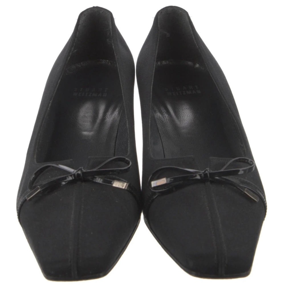 STUART WEITZMAN Black Shiny Bow Top Squared Toe Cuban Heel Pumps Sz 9